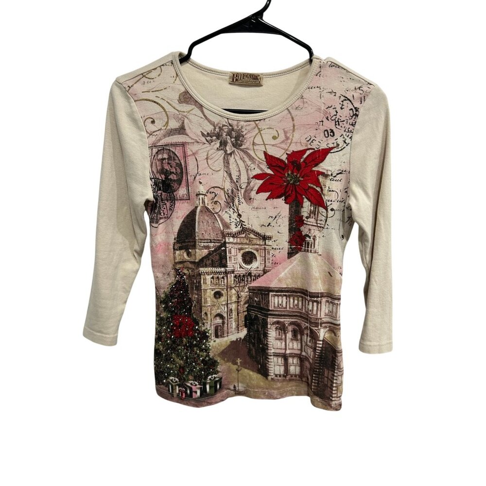 Blue Canyon Christmas Architecture 3/4 Sleeve Top Beige Red Sz Small Holiday